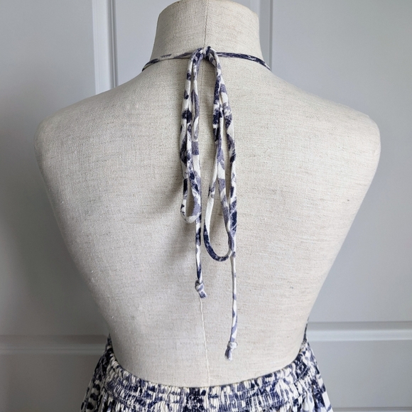 Free People Mini Dress Halter Neck Sleeveless Open Back Batik Blue Ivory S NWT - Picture 10 of 16